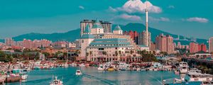 Preview wallpaper city, port, boats, water, buildings, mountains