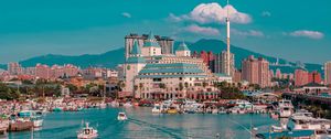 Preview wallpaper city, port, boats, water, buildings, mountains