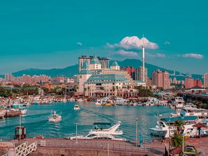 Preview wallpaper city, port, boats, water, buildings, mountains