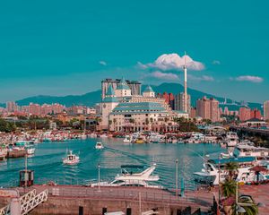 Preview wallpaper city, port, boats, water, buildings, mountains