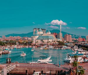 Preview wallpaper city, port, boats, water, buildings, mountains