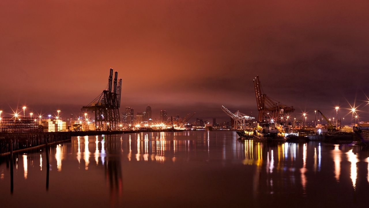 Wallpaper city, port, cranes, lights, light, reflection