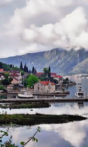 Preview wallpaper city, port, mountains, trees, sky