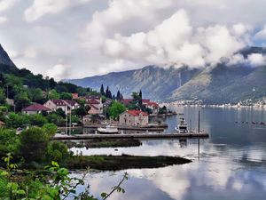 Preview wallpaper city, port, mountains, trees, sky