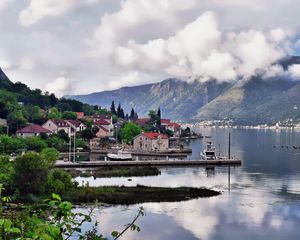 Preview wallpaper city, port, mountains, trees, sky