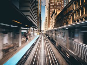 Preview wallpaper city, rails, railway, platform, train, movement