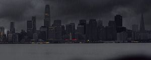 Preview wallpaper city, rain, buildings, river, coast