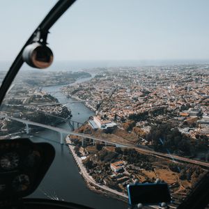 Preview wallpaper city, river, aerial view, overview, height