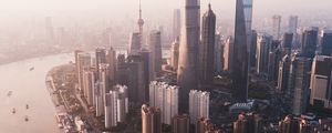 Preview wallpaper city, river, aerial view, buildings, fog, metropolis