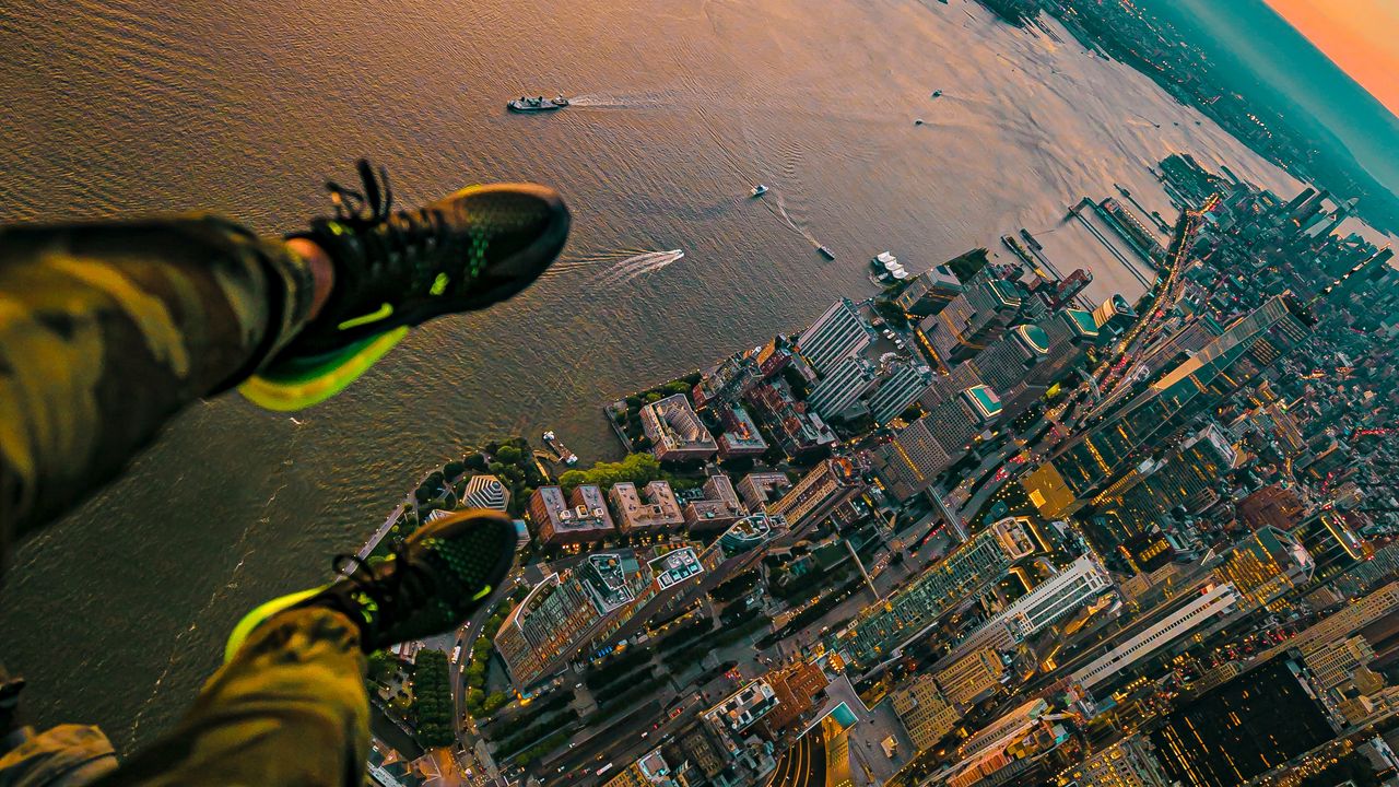 Wallpaper city, river, aerial view, legs, overview