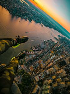 Preview wallpaper city, river, aerial view, legs, overview
