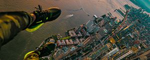Preview wallpaper city, river, aerial view, legs, overview