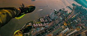 Preview wallpaper city, river, aerial view, legs, overview