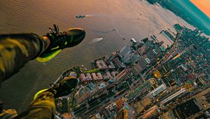 Preview wallpaper city, river, aerial view, legs, overview