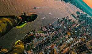 Preview wallpaper city, river, aerial view, legs, overview