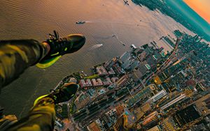 Preview wallpaper city, river, aerial view, legs, overview
