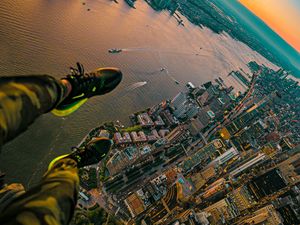 Preview wallpaper city, river, aerial view, legs, overview