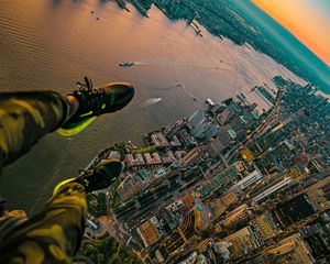 Preview wallpaper city, river, aerial view, legs, overview