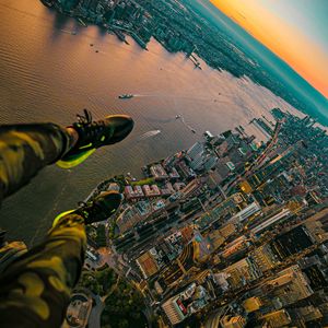 Preview wallpaper city, river, aerial view, legs, overview