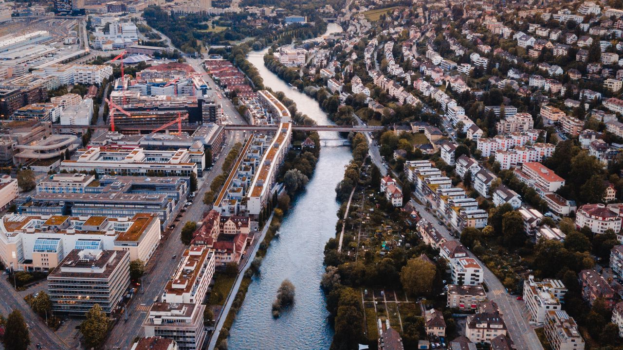 Wallpaper city, river, aerial view, buildings, architecture, overview