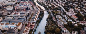 Preview wallpaper city, river, aerial view, buildings, architecture, overview