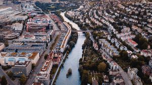 Preview wallpaper city, river, aerial view, buildings, architecture, overview