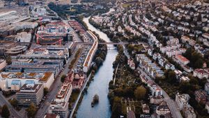 Preview wallpaper city, river, aerial view, buildings, architecture, overview