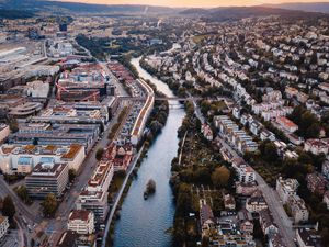 Preview wallpaper city, river, aerial view, buildings, architecture, overview