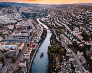 Preview wallpaper city, river, aerial view, buildings, architecture, overview
