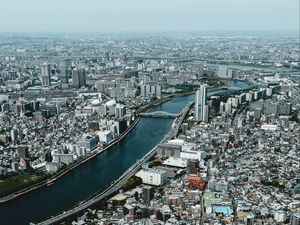 Preview wallpaper city, river, aerial view, buildings, cityscape