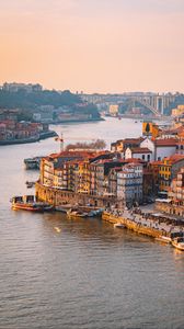 Preview wallpaper city, river, boats, buildings, aerial view