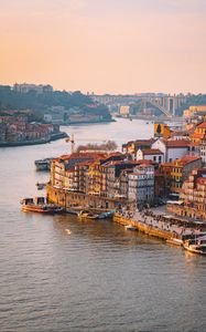 Preview wallpaper city, river, boats, buildings, aerial view