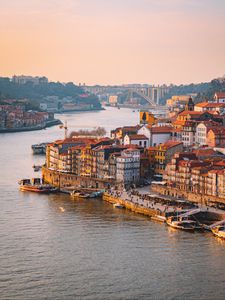 Preview wallpaper city, river, boats, buildings, aerial view