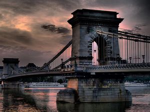 Preview wallpaper city, river, bridge, sunset, stone