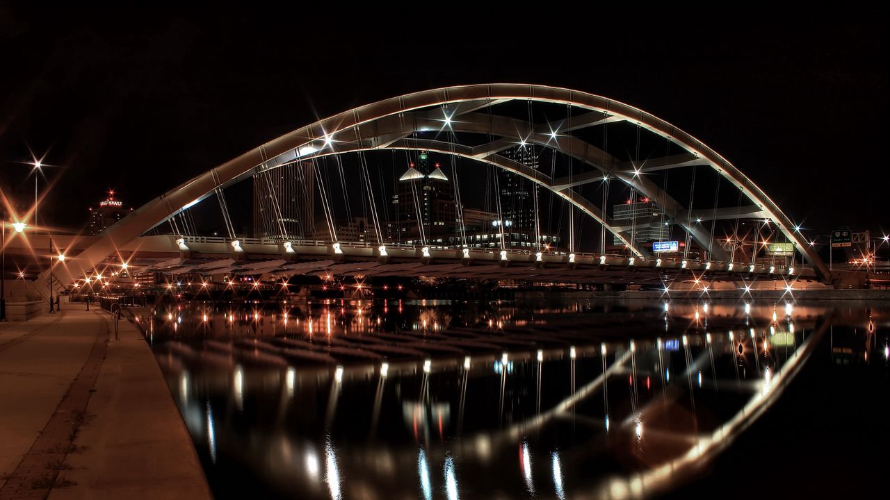 Wallpaper city, river, bridge, lights