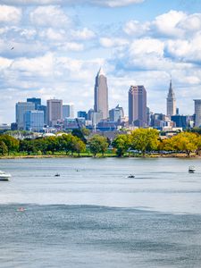 Preview wallpaper city, river, buildings, boats, water