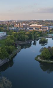 Preview wallpaper city, river, buildings, aerial view, overview