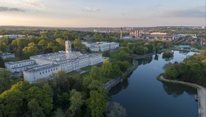 Preview wallpaper city, river, buildings, aerial view, overview