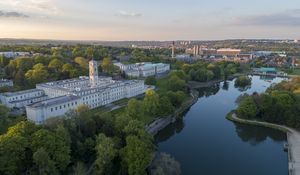 Preview wallpaper city, river, buildings, aerial view, overview