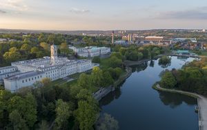 Preview wallpaper city, river, buildings, aerial view, overview