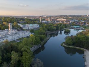 Preview wallpaper city, river, buildings, aerial view, overview