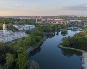 Preview wallpaper city, river, buildings, aerial view, overview