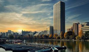 Preview wallpaper city, river, buildings, boats