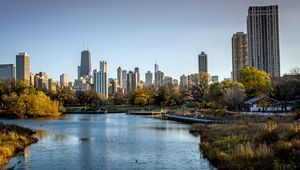 Preview wallpaper city, river, buildings, park, chicago