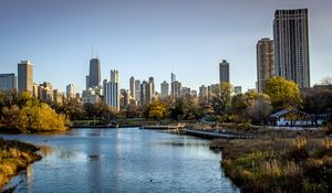 Preview wallpaper city, river, buildings, park, chicago