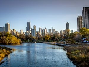 Preview wallpaper city, river, buildings, park, chicago