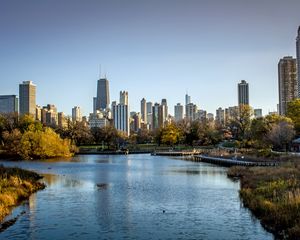 Preview wallpaper city, river, buildings, park, chicago