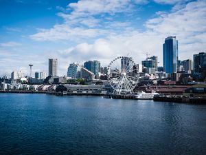 Preview wallpaper city, river, coast, buildings, ferris wheel, view