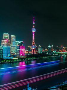 Preview wallpaper city, river, night, panorama, city lights, long exposure