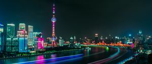 Preview wallpaper city, river, night, panorama, city lights, long exposure